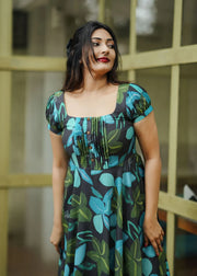 A beautiful black & blue, green abstract print muslin dress