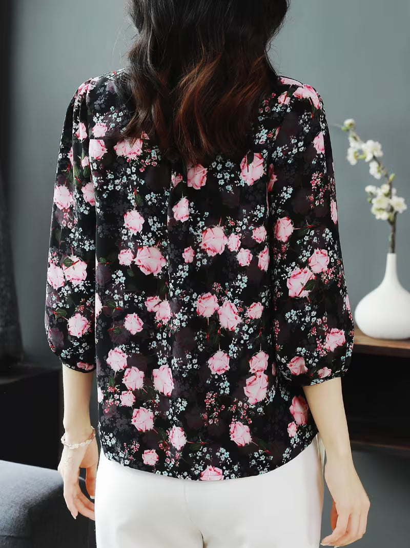 Vintage Rose Print Ruffle-Trim Chiffon Top