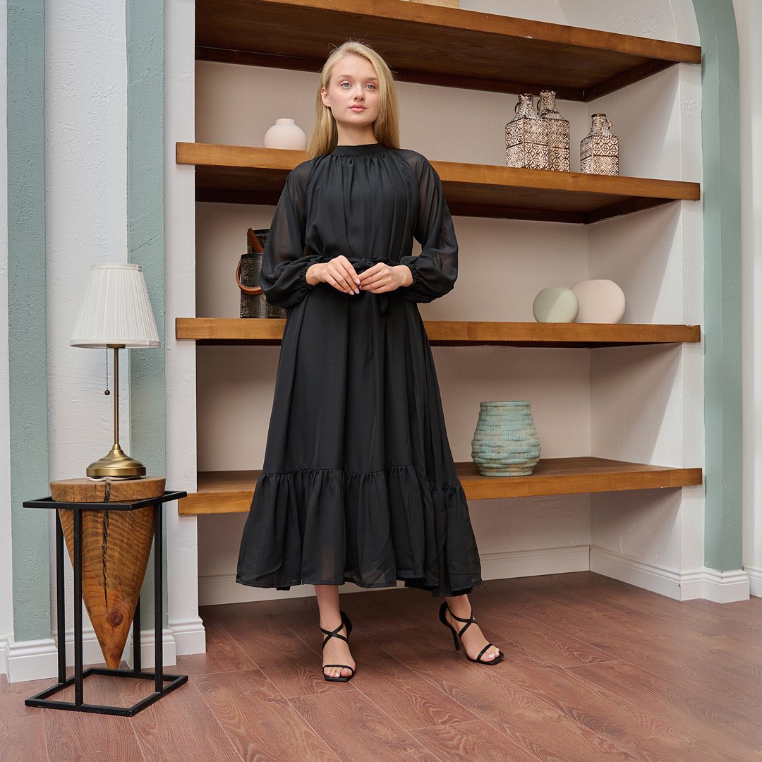 Noir Whisper Z Black Chiffon Midi Dress with High Neck & Sheer Sleeves