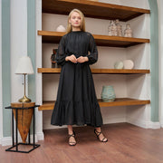 Noir Whisper Z Black Chiffon Midi Dress with High Neck & Sheer Sleeves