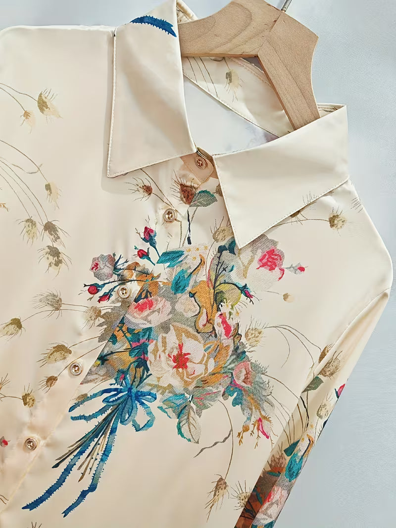 Vintage-Inspired Floral Bouquet Satin With   Pointed Collar  Button-Down Shirt