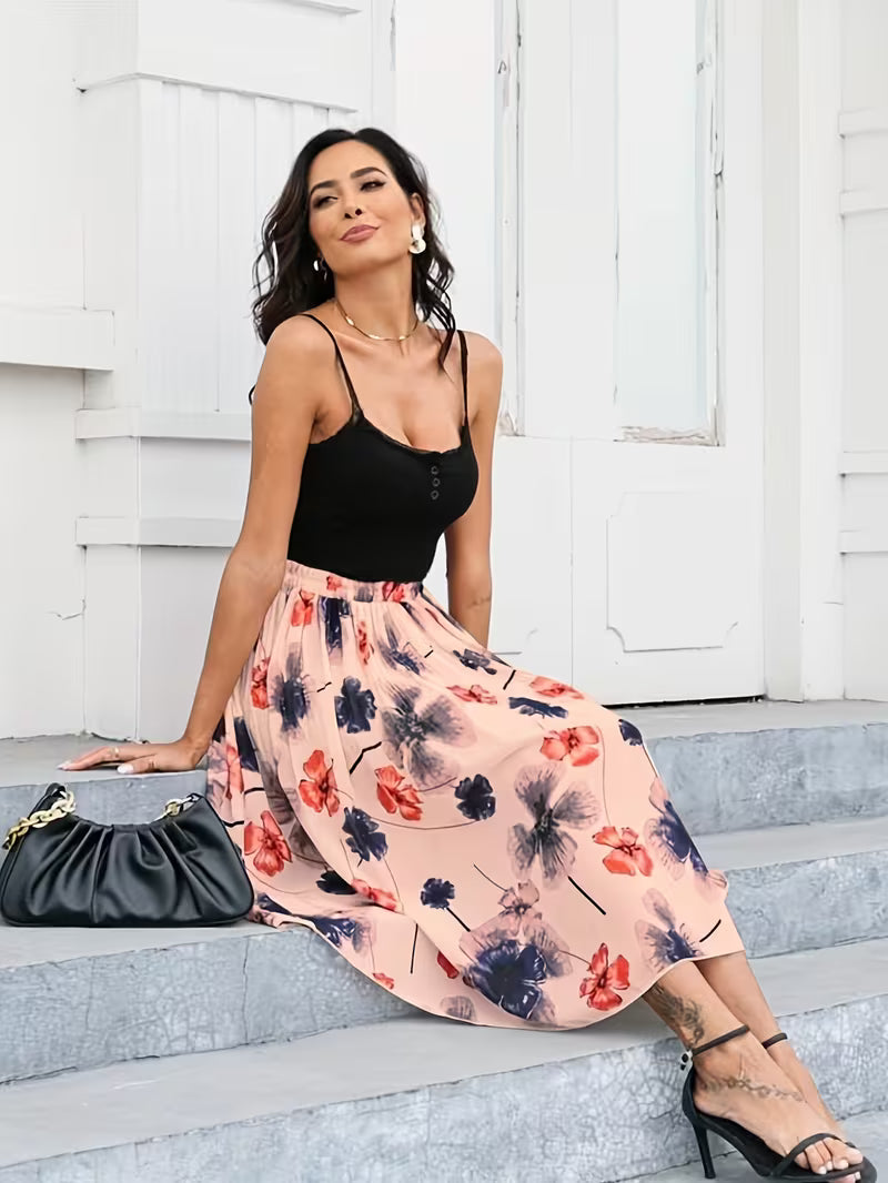 Elegant Modern Floral Maxi Skirt  Airy Flowing Design with Subtle Contemporary Blooms for Day to Evening Wear