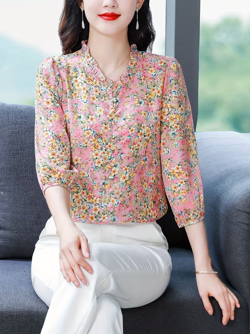 Ruffle-neck in Floral Print shirt