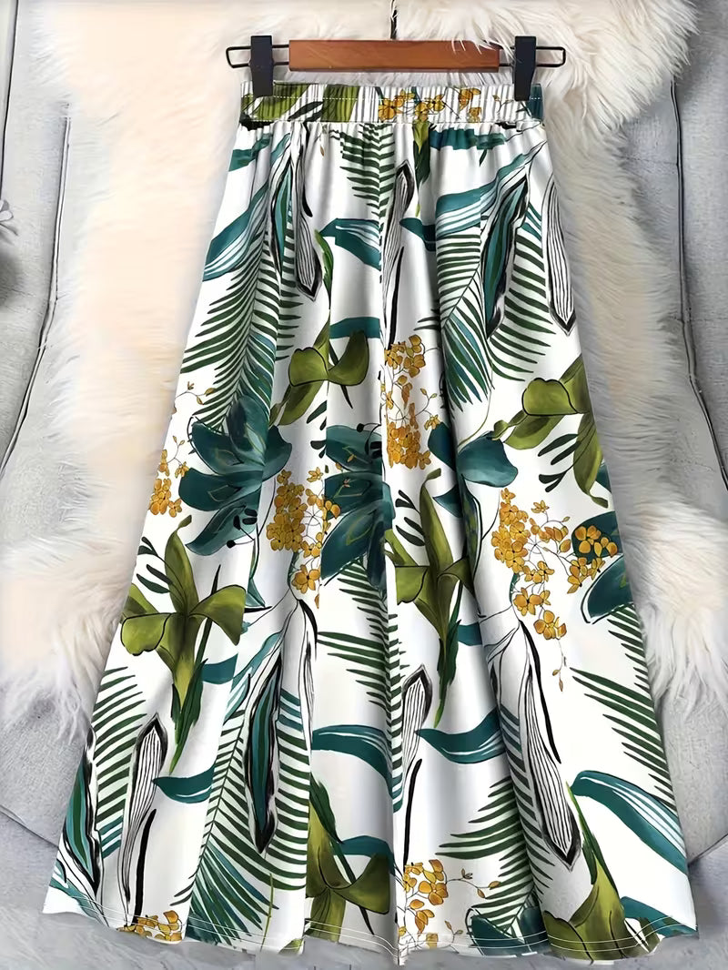 Tropical Palm Print High-Waisted Satin Maxi Skirt