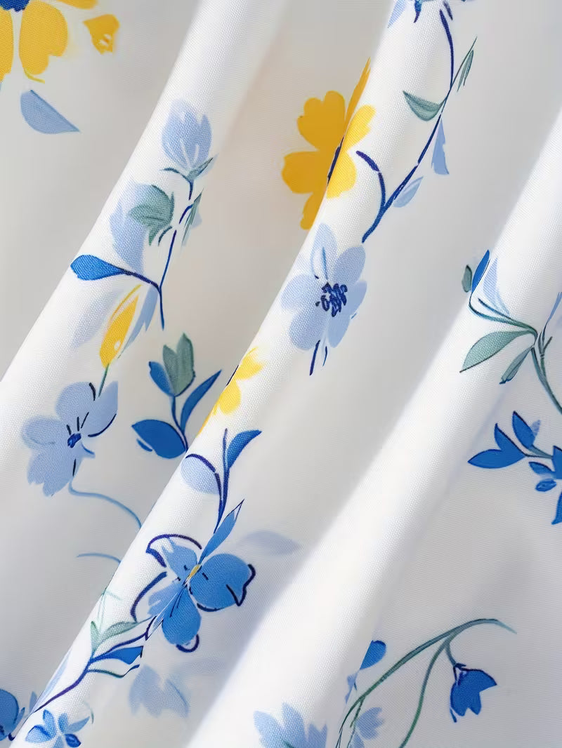 Women Blue Meadow Floral A Line Skirt  Airy Fabric with Graceful Movement and Elegant Pastel
