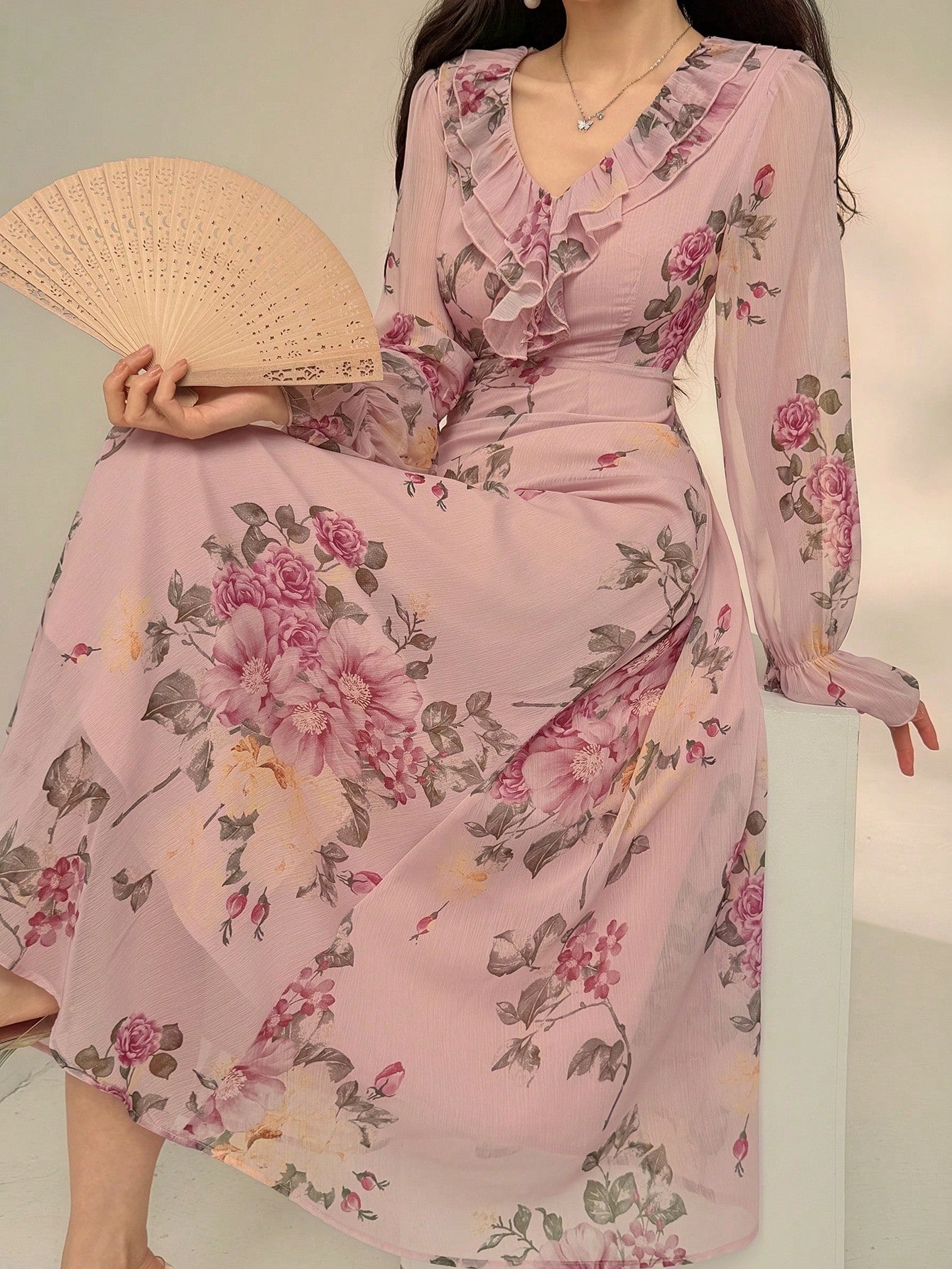 Blush Pink Floral Wrap Maxi Dress with Soft Feminine Print
