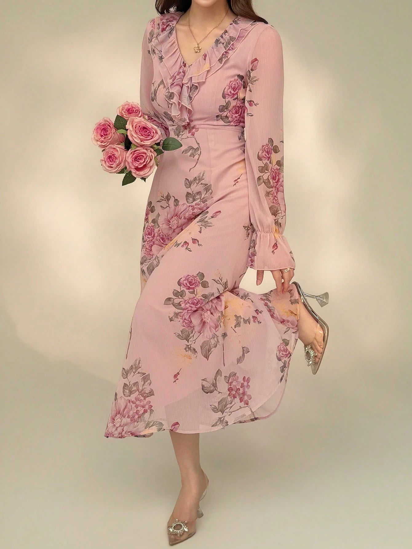 Blush Pink Floral Wrap Maxi Dress with Soft Feminine Print