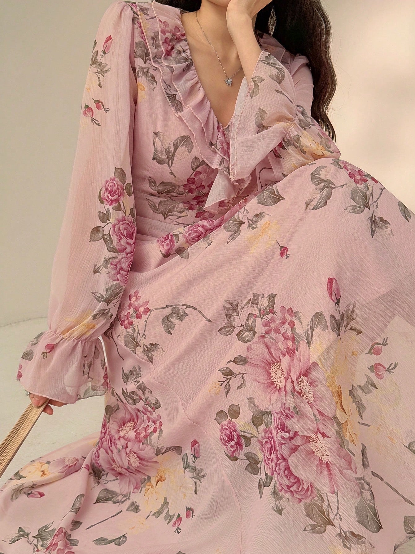 Blush Pink Floral Wrap Maxi Dress with Soft Feminine Print