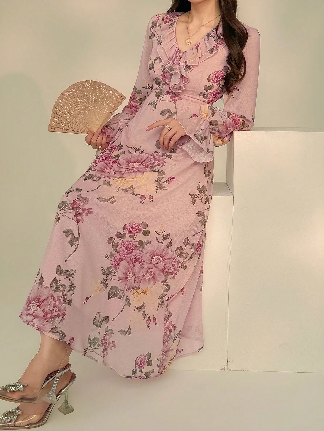 Blush Pink Floral Wrap Maxi Dress with Soft Feminine Print