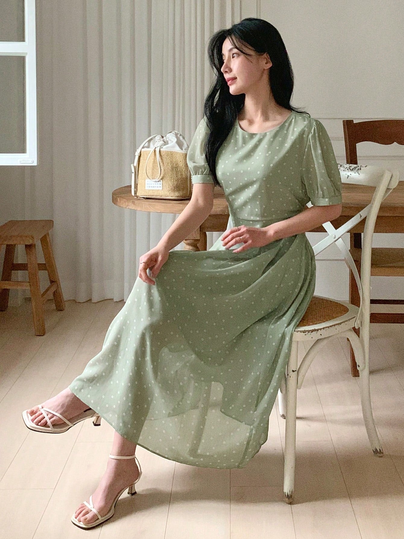 Sage Green Minimal Midi Dress with Elegant Casual Style