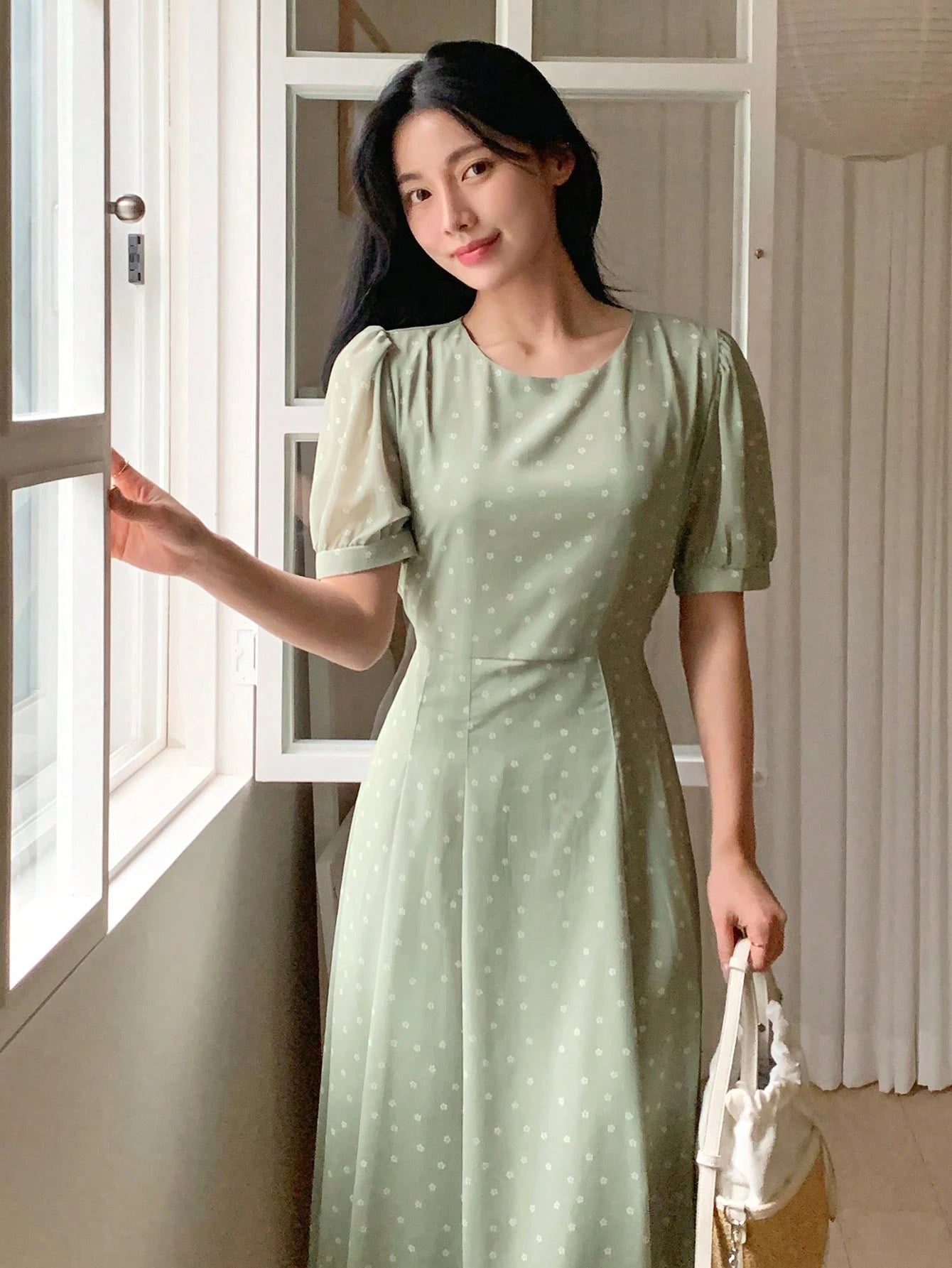 Sage Green Minimal Midi Dress with Elegant Casual Style S