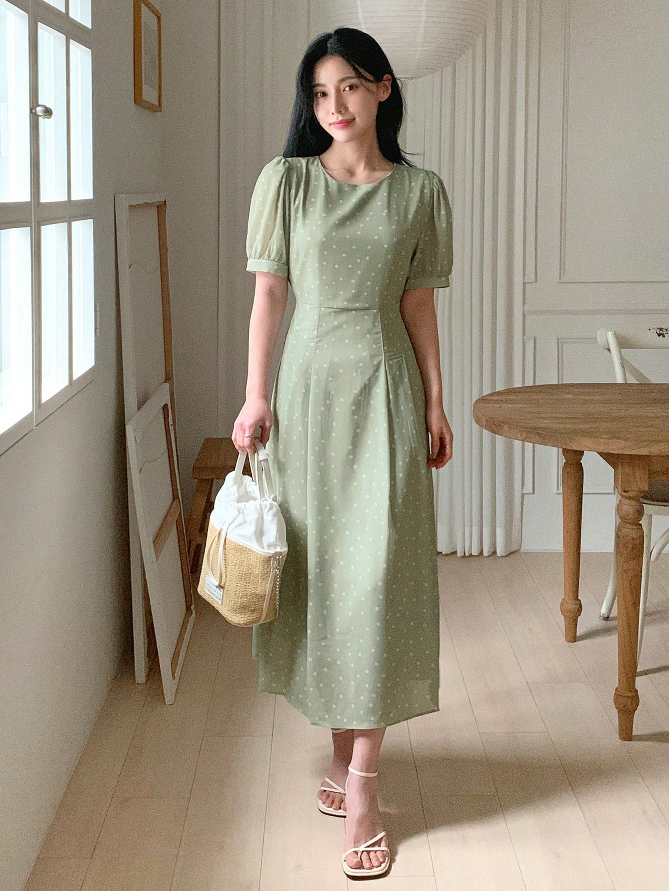 Sage Green Minimal Midi Dress with Elegant Casual Style