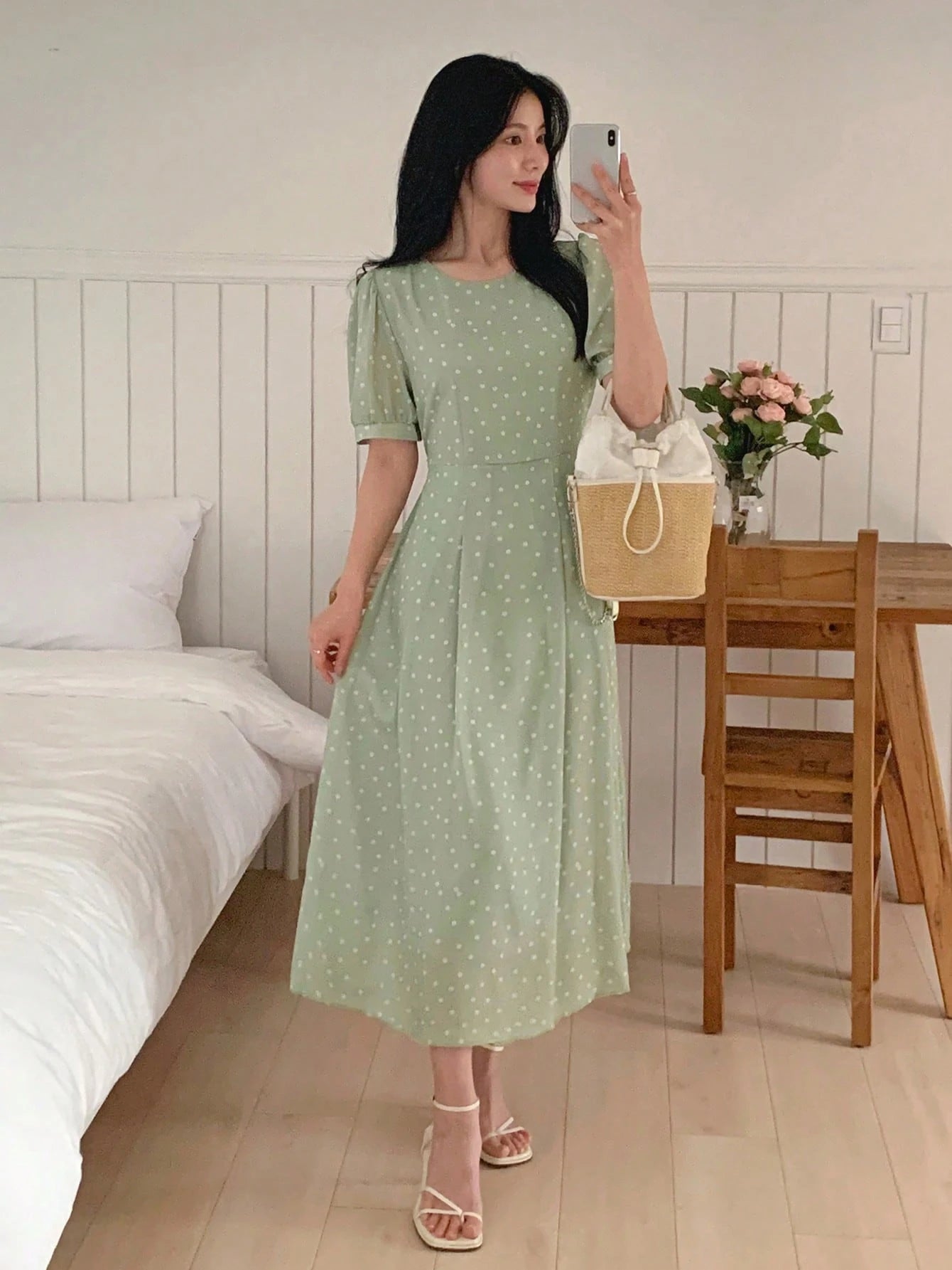 Sage Green Minimal Midi Dress with Elegant Casual Style