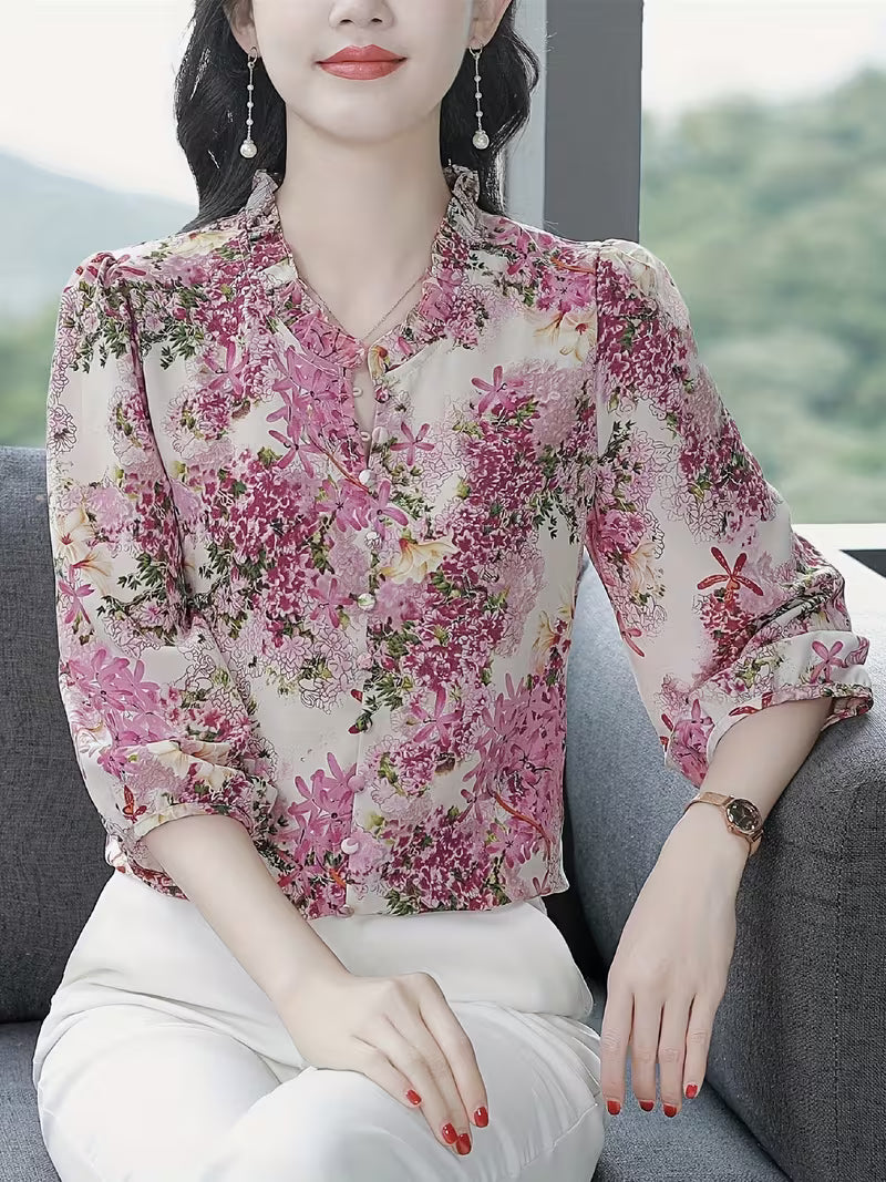 Elegant Lavender Floral Print Chiffon  with Ruffled Neck Top