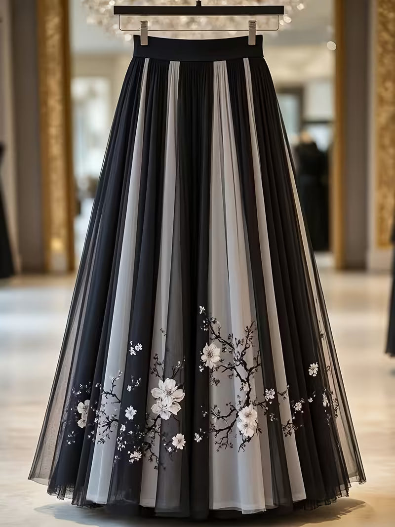 Elegant Pleated Monochrome Ombre Skirt Flowing Silhouette with Soft Floral Ombre Pattern for Modern Feminine Style