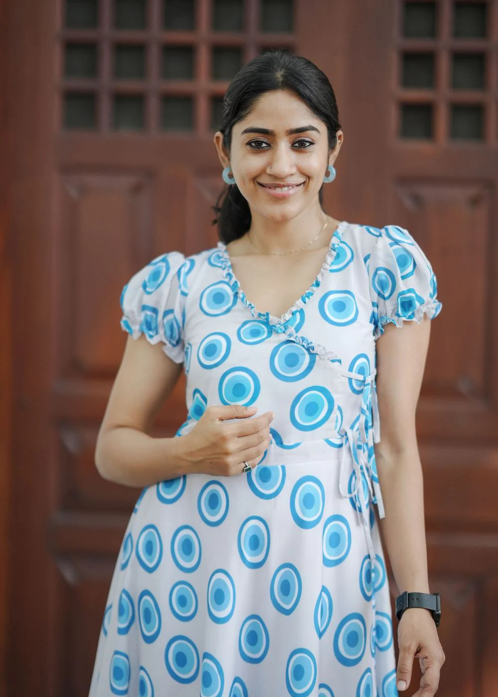 Beautiful grey & blue geometric print muslin dress