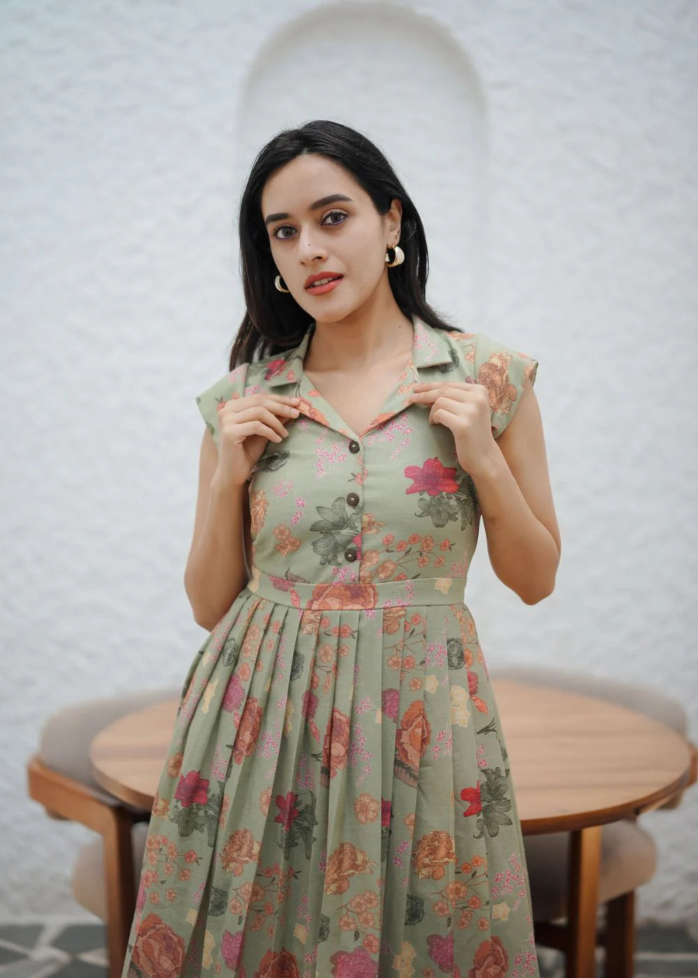 A graceful sage green &amp; multicolour floral print linen dress
