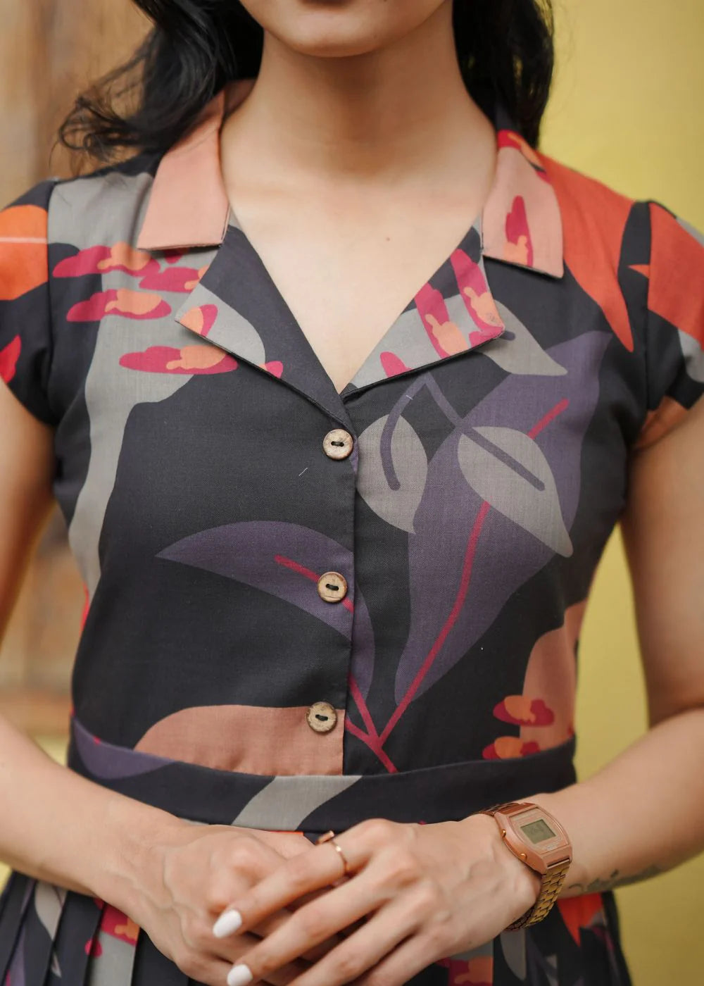 A beautiful black &amp; sage green, orange abstract print dress