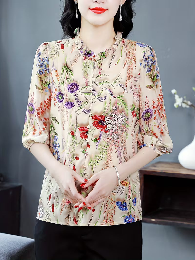 Champagne Silk-Satin Botanical Print Shirt – Vintage Ruffle Collar Edition