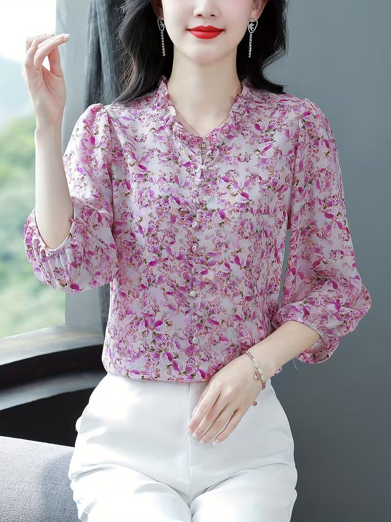 Elegant Bamboo Print Chiffon  with Ruffled V-Neck and 3/4 Sleeves TOP (Copy) (Copy)