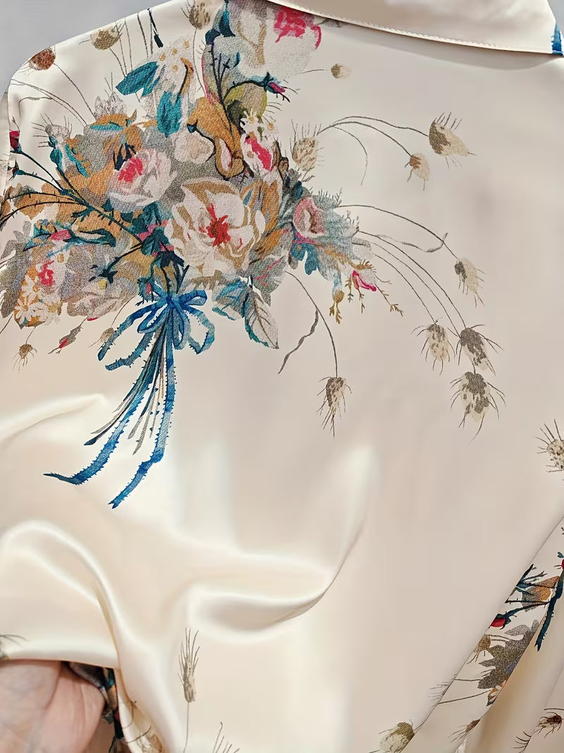 Vintage-Inspired Floral Bouquet Satin With   Pointed Collar  Button-Down Shirt