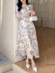 Elegant Monochrome Floral Dress with Lantern Sleeves