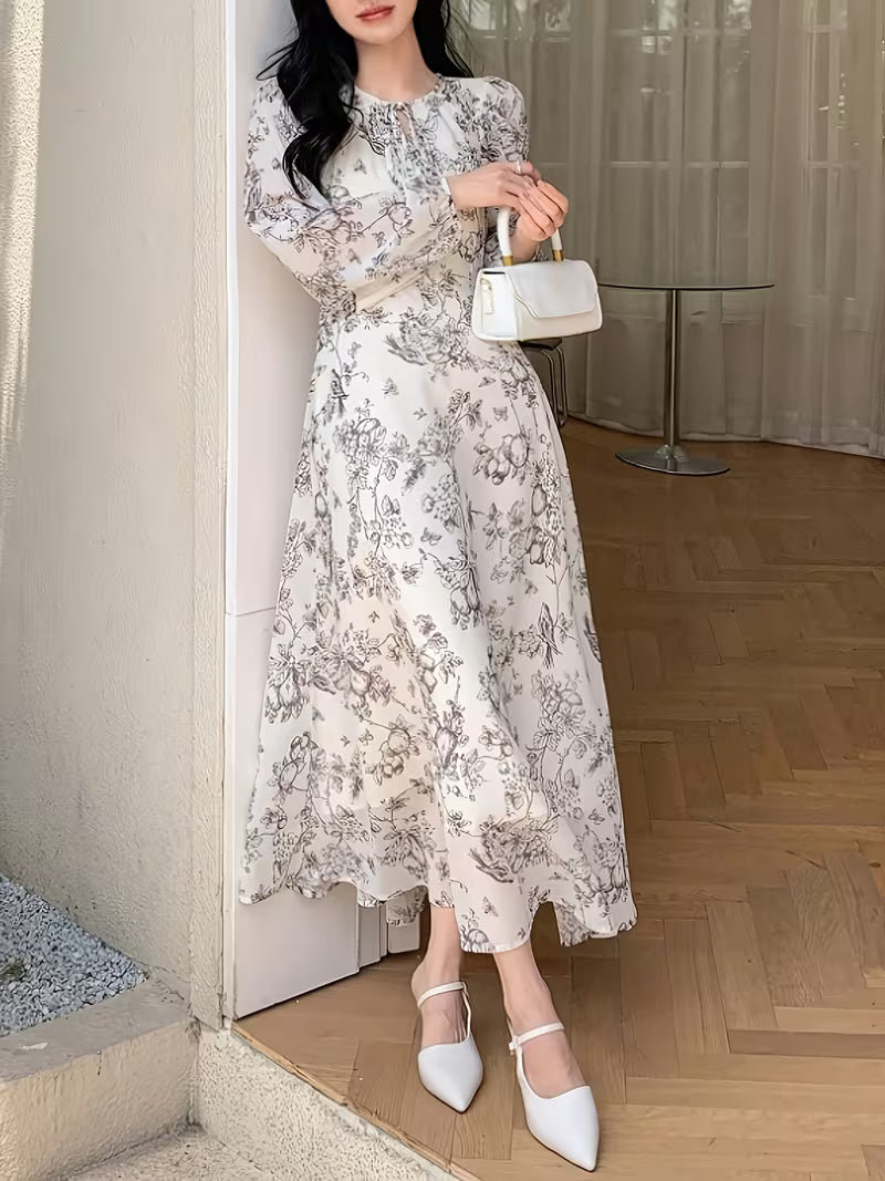 Elegant Monochrome Floral Dress with Lantern Sleeves