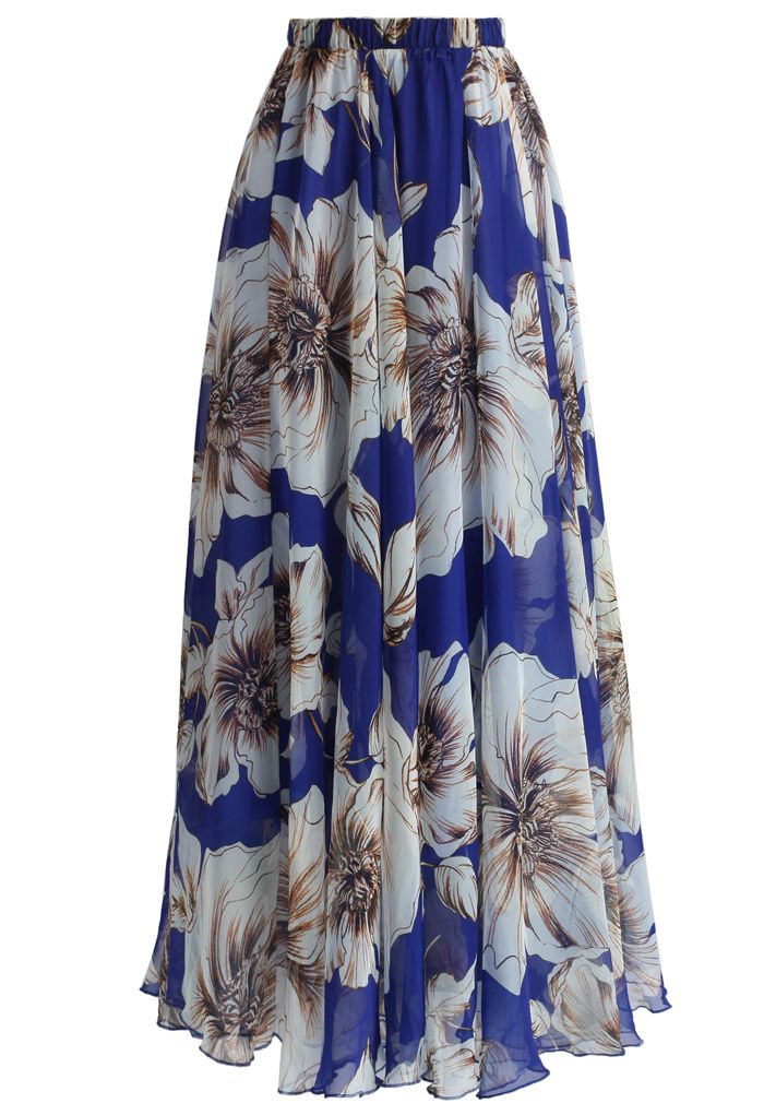 Navy Blue Floral Elegance Maxi Skirt Statement Large Blooms with Airy Feminine Flow