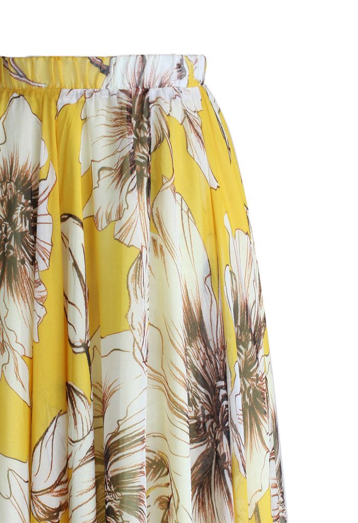 Yellow Floral Printed Chiffon Maxi Skirt