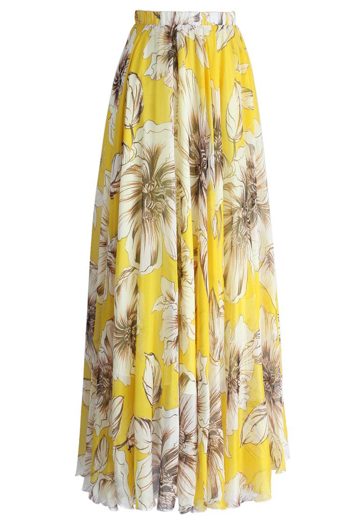 Yellow Floral Printed Chiffon Maxi Skirt