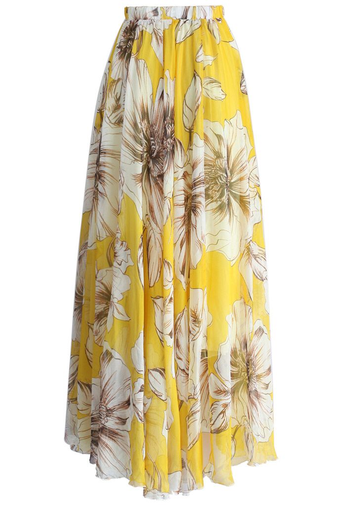Yellow Floral Printed Chiffon Maxi Skirt