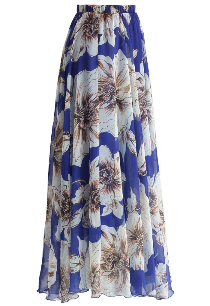 Navy Blue Floral Elegance Maxi Skirt Statement Large Blooms with Airy Feminine Flow