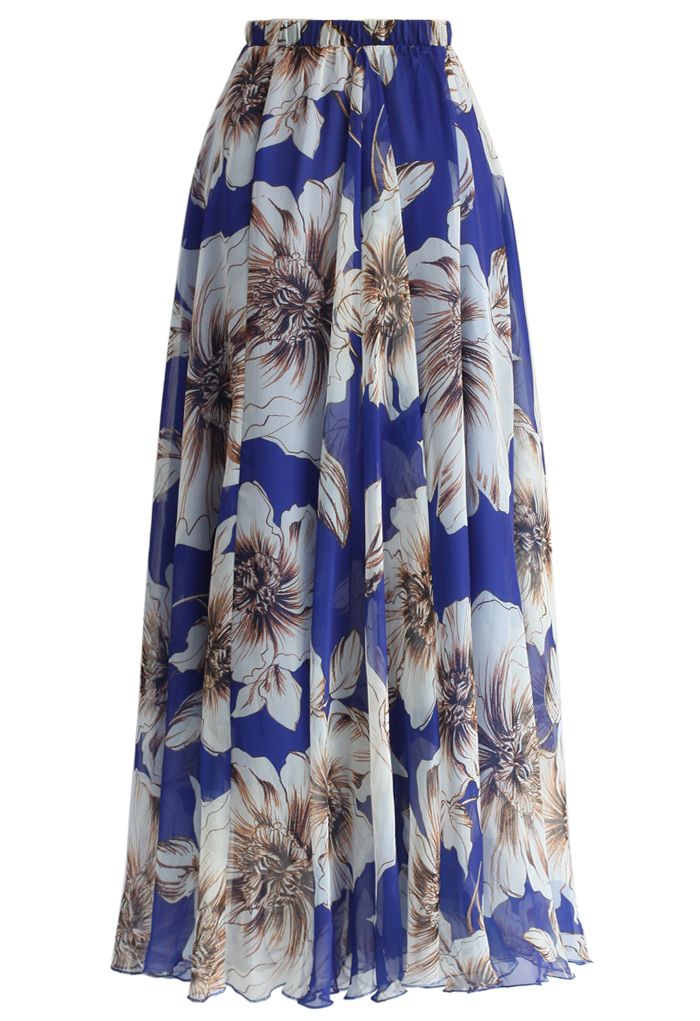 Navy Blue Floral Elegance Maxi Skirt Statement Large Blooms with Airy Feminine Flow
