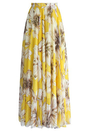 Yellow Floral Printed Chiffon Maxi Skirt