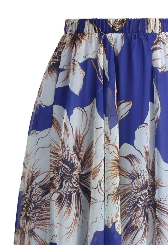 Navy Blue Floral Elegance Maxi Skirt Statement Large Blooms with Airy Feminine Flow