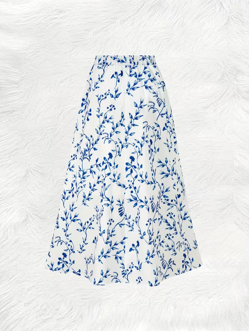Azure Floral Elegance Maxi Skirt