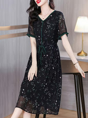 Elegant Black Abstract Floral Print Midi Dress