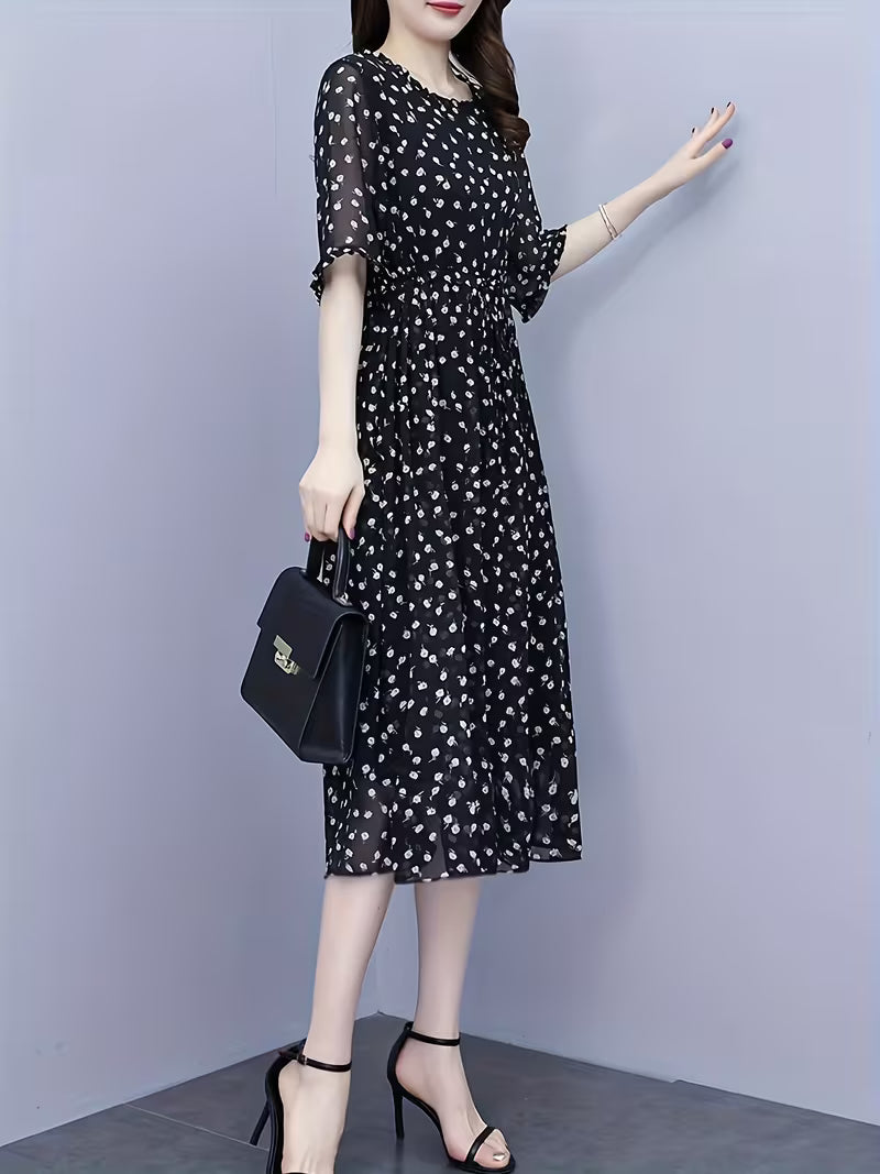 Elegant Black Ditsy Print Midi Dress