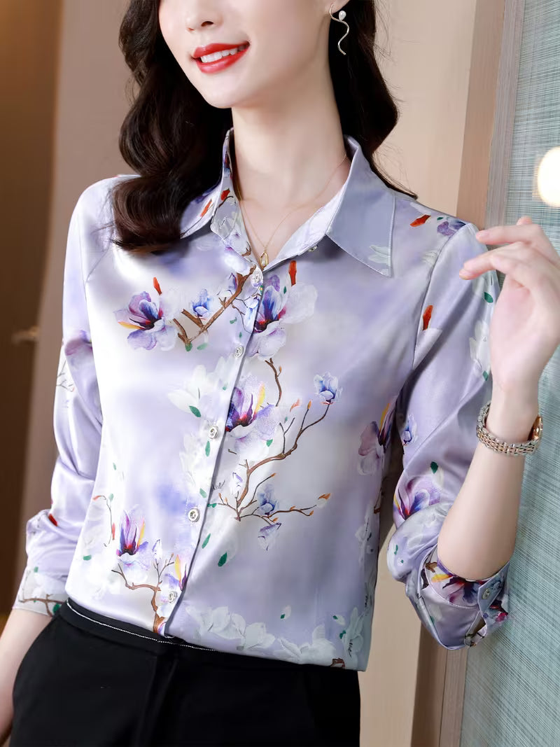 Lavender Magnolia Watercolor Print Silk-Satin Shirt