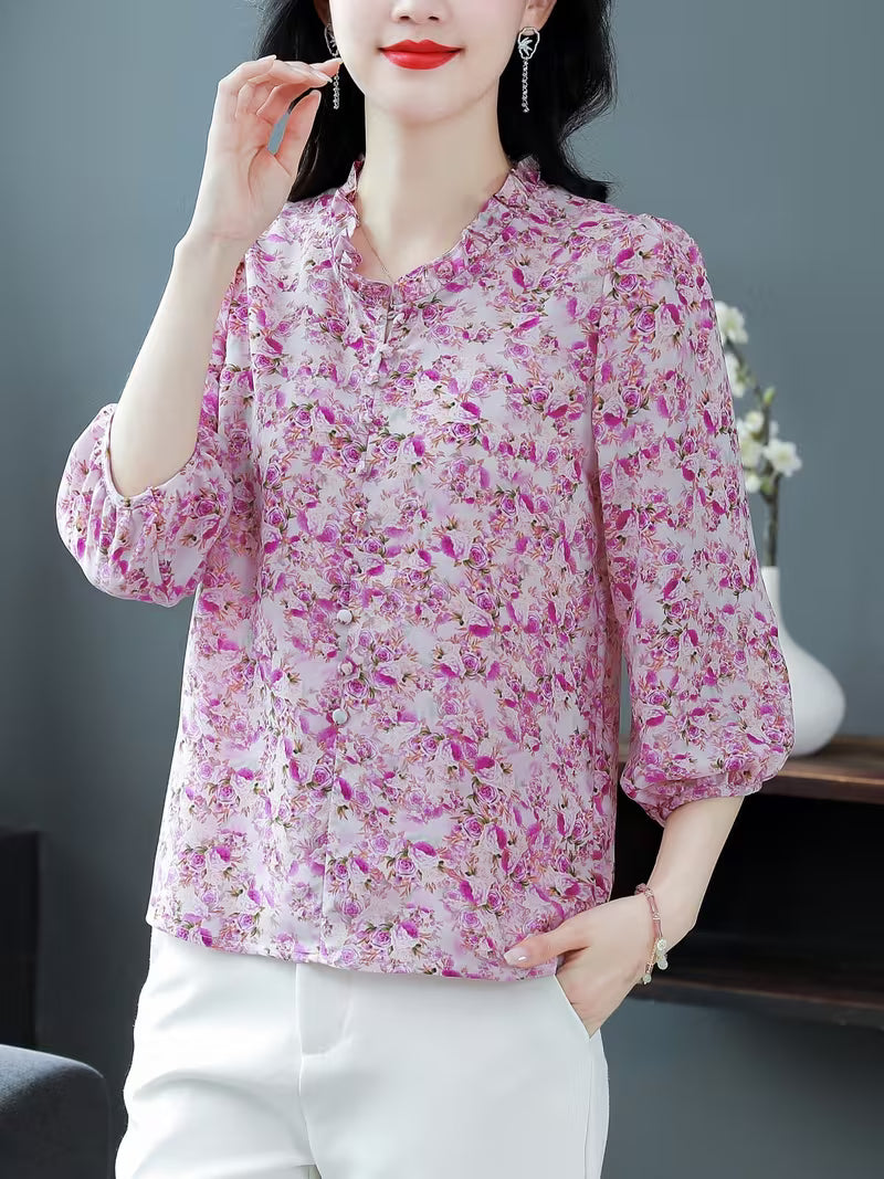 Elegant Bamboo Print Chiffon  with Ruffled V-Neck and 3/4 Sleeves TOP (Copy) (Copy)
