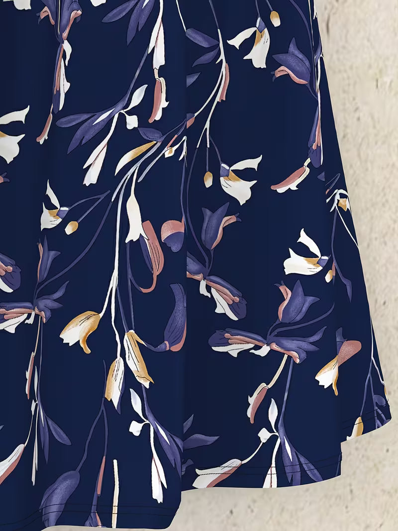 Elegant Navy Blue Floral Printed Skirt