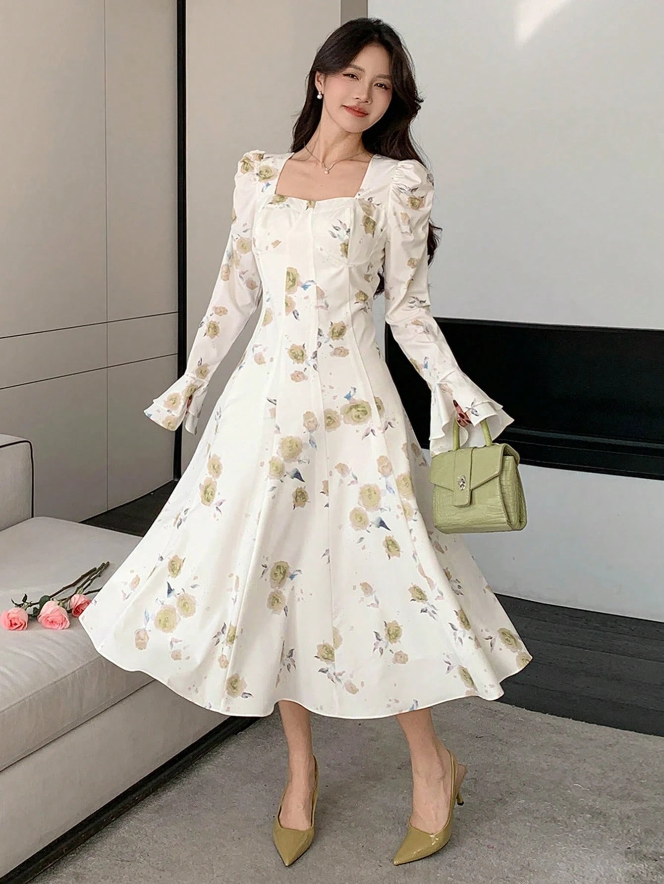 White and Blue Floral Midi Dress with Elegant Princess Style