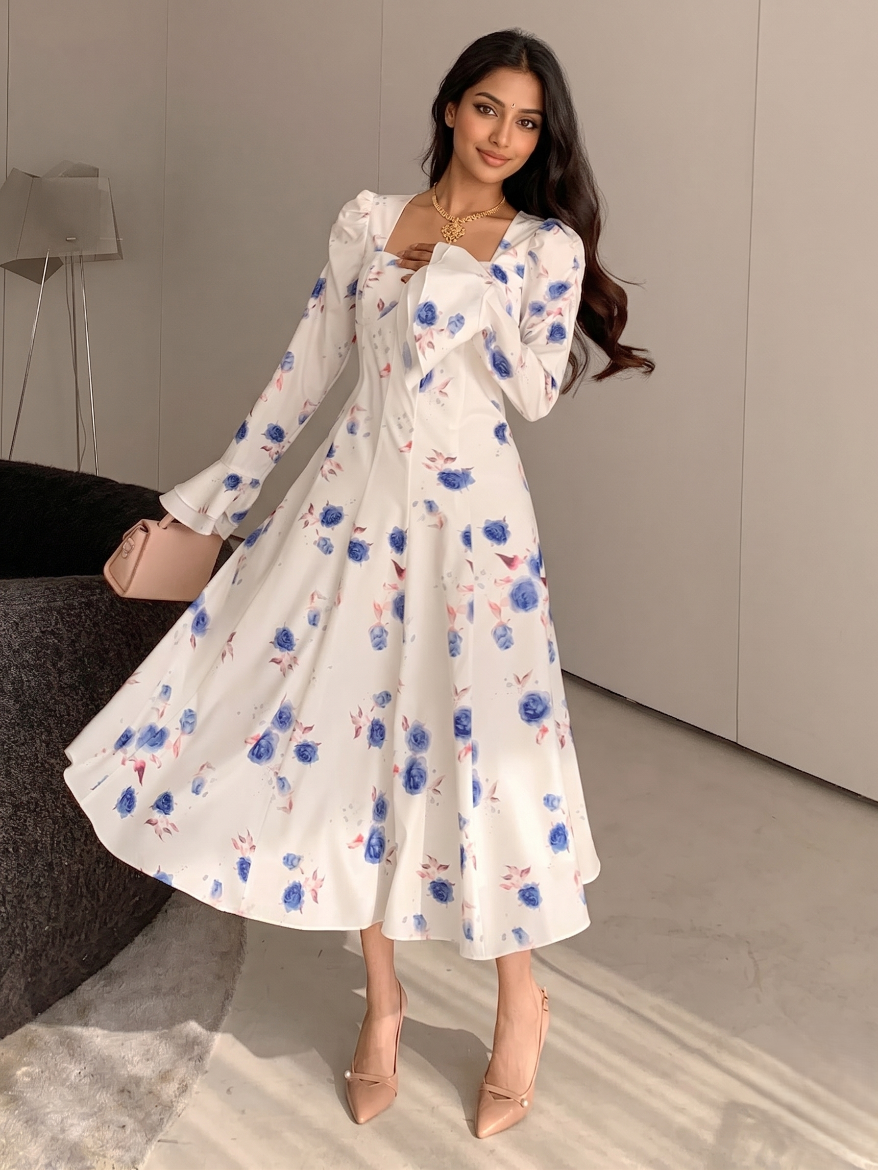 White and Blue Floral Midi Dress with Elegant Princess Style