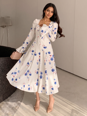 White and Blue Floral Midi Dress with Elegant Princess Style