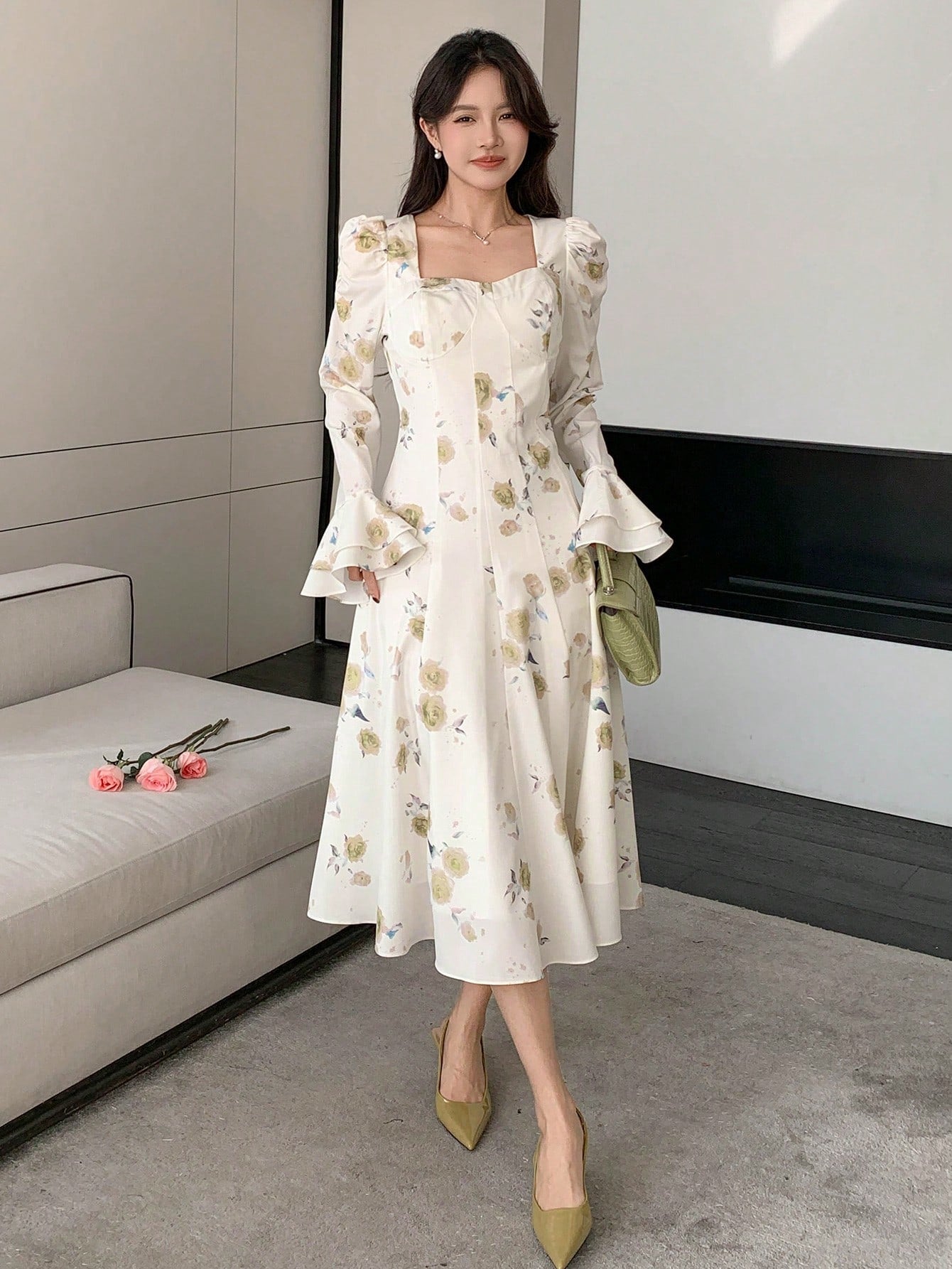 White and Blue Floral Midi Dress with Elegant Princess Style