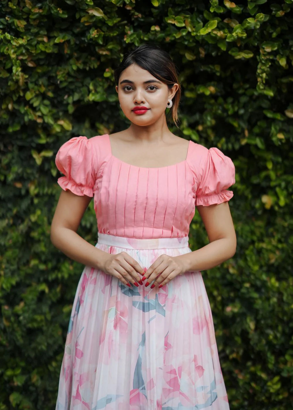 Pink Puff Sleeve Floral Fit & Flare Midi Dress