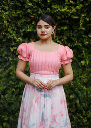 Pink Puff Sleeve Floral Fit & Flare Midi Dress