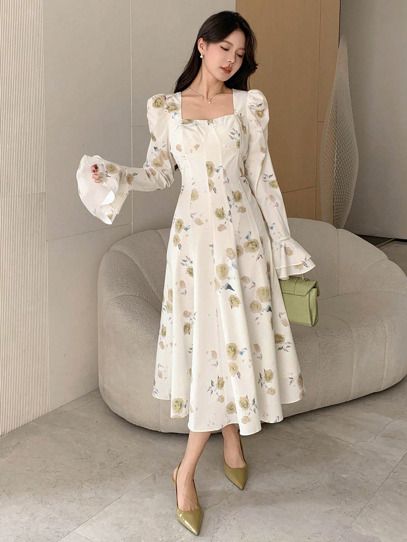 White and Blue Floral Midi Dress with Elegant Princess Style