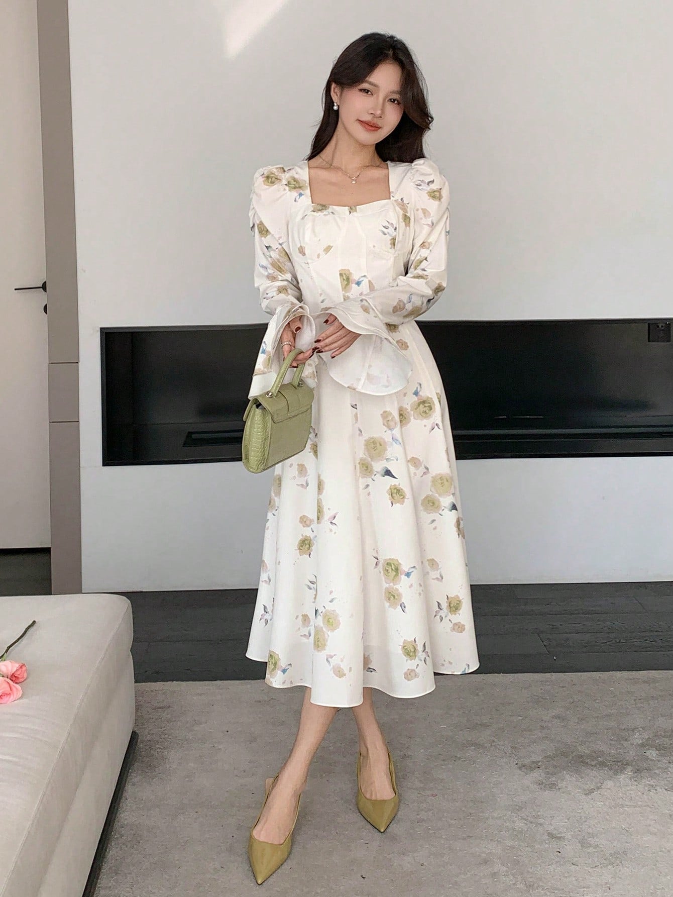 White and Blue Floral Midi Dress with Elegant Princess Style