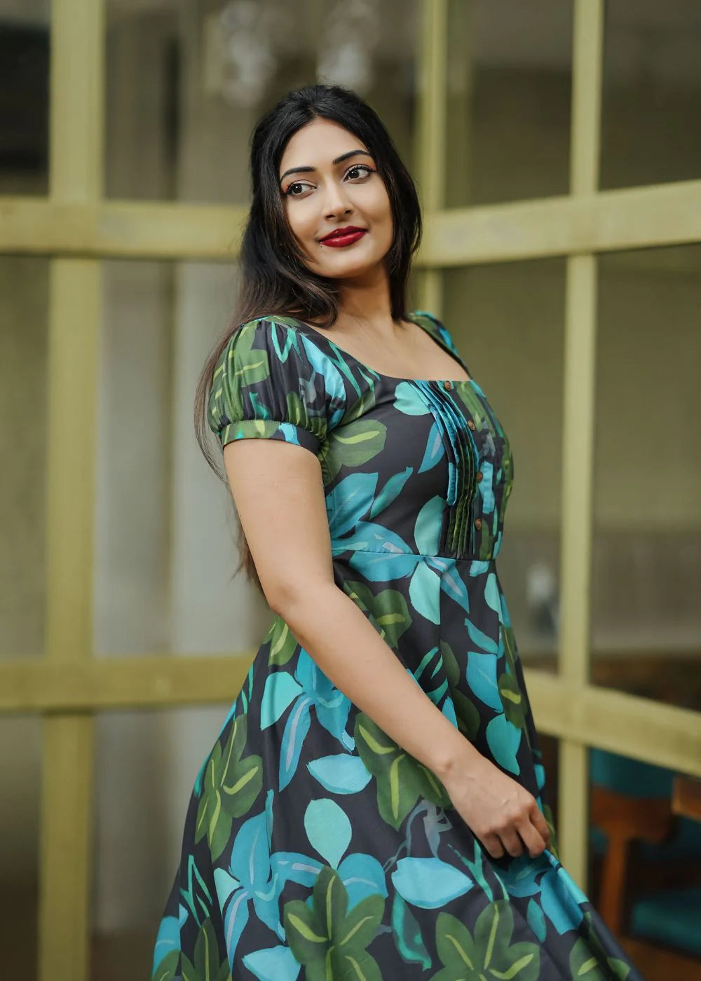 A beautiful black & blue, green abstract print muslin dress